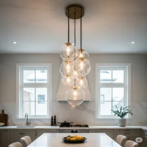 Elegant glass globe modern pendant lighting for kitchen island in varying sizes, creating a captivating cluster, perfect for a chic and airy look.