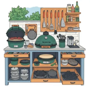 Illustration showcasing various Big Green Egg accessories and tools neatly organized in an outdoor kitchen setting.