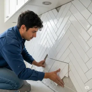 Worker installing a beautiful herringbone kitchen backsplash with white grout.