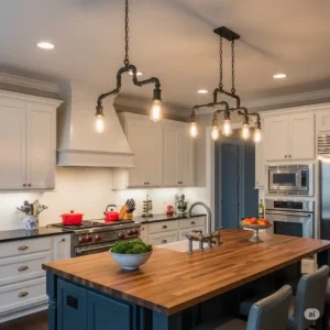  Industrial-style kitchen island chandeliers with exposed bulbs and dark metal finishes, adding a bold statement to a modern kitchen.