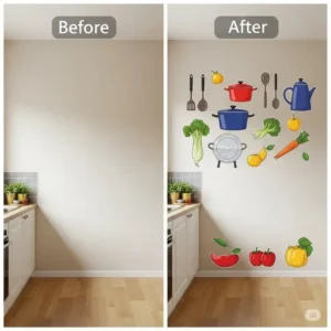 Before and after comparison showing the easy transformation of a plain wall with kitchen wall decals.