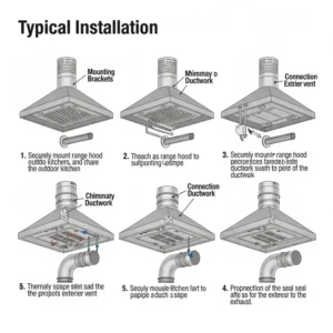 A clear diagram showing the typical installation steps for an outdoor kitchen hood.