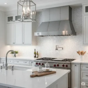 Elegant kitchen featuring a delicate patterned white on white kitchen backsplash, adding subtle visual interest to the space.
