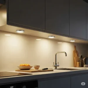 Discreet LED puck lights mounted under kitchen cabinets, offering targeted task lighting.