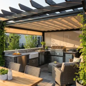 An outdoor kitchen pergola area featuring a retractable canopy, offering flexible shade options for sun protection or open-sky enjoyment.