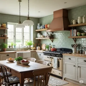 Cozy farmhouse kitchen design with a soft sage green backsplash kitchen and rustic wooden shelving.
