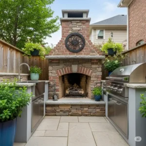 "Compact outdoor kitchen with fireplace, ideal for smaller backyard spaces, offering charm and functionality."