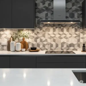 "Stylish textural tile backsplash adding depth and interest to contemporary kitchen wall decor, perfect for modern interiors."