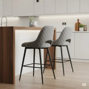 Comfortable upholstered contemporary kitchen stools with a sophisticated design, adding a touch of elegance to a modern culinary space.