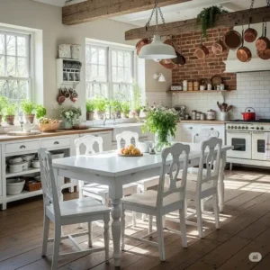 Bright rustic kitchen with a painted white wooden table and chairs, offering a fresh farmhouse aesthetic.