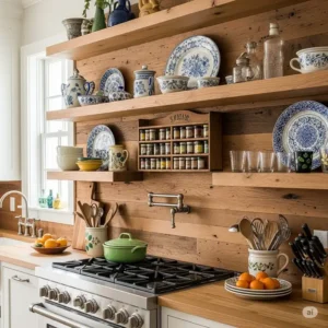 Wood backsplash kitchen wall featuring a wood backsplash behind open shelving, displaying decorative items and adding a rustic yet functional element to the kitchen.