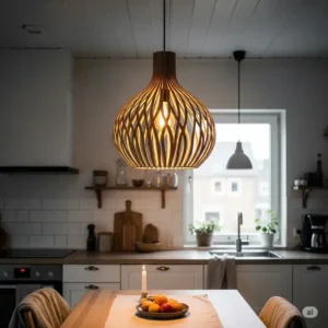 Natural wooden unique kitchen pendant light creating warmth in a Scandinavian-inspired kitchen.