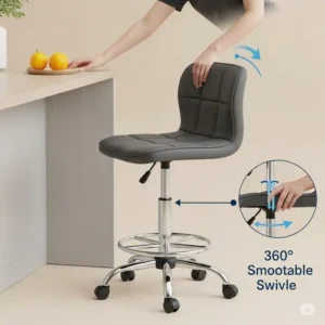 Kitchen chair with rollers showcasing adjustable height and swivel functions for personalized comfort and versatility.