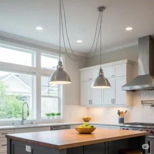 Modern pendant lighting for kitchen island with adjustable cords, demonstrating their versatility for customized height and focused task lighting.
