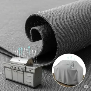 Breathable outdoor kitchen cover material preventing moisture buildup and mildew.