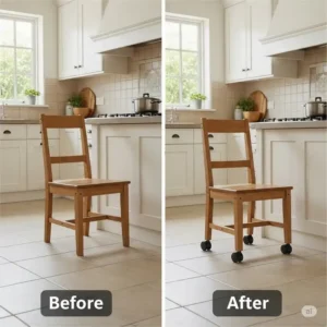Before and after comparison of kitchen chairs, showing the improved mobility and convenience with added wheels for kitchen chairs.