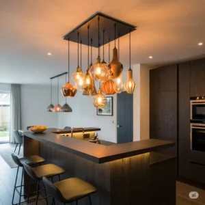  Cluster of unique kitchen pendant lights forming a focal point above a breakfast bar.