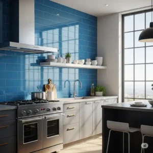 Sleek kitchen with a glossy blue ceramic tile backsplash reflecting natural light.