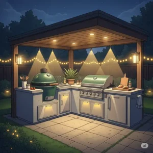 Visual representation of different material options, such as stone and wood, suitable for a green egg outdoor kitchen.