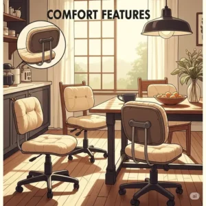 An illustration focusing on the comfort features of kitchen table with rolling chairs, such as padded seats and backrests.