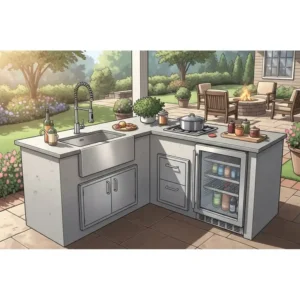 "Illustration highlighting a convenient L-shaped outdoor kitchen with a built-in sink and outdoor refrigerator for ultimate functionality."