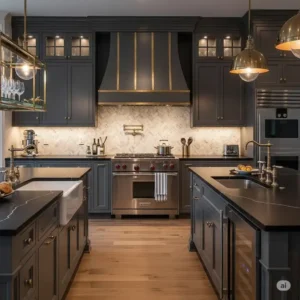 Luxurious kitchen with a sophisticated marble herringbone kitchen backsplash adding elegance.