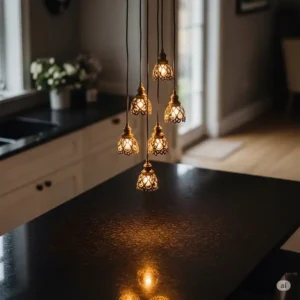 Group of small, decorative mini pendant lights arranged artistically over a kitchen island, adding charm and focused light. kitchen island lighting ideas