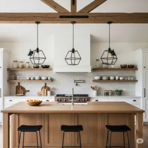 Contemporary farmhouse kitchen island featuring sleek yet rustic pendant lighting, blending modern design with traditional charm. This image depicts modern farmhouse kitchen island lighting.