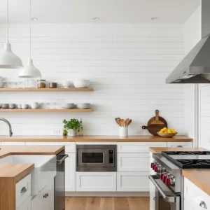 Sleek modern shiplap kitchen backsplash extending from counter to ceiling, providing a crisp and stylish backdrop.