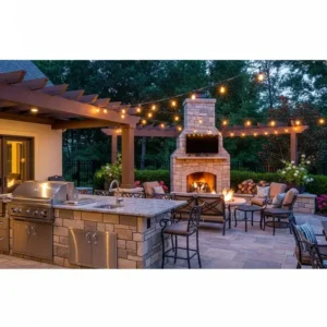 "Inviting outdoor kitchen with fireplace area, featuring comfortable seating for guests to relax."