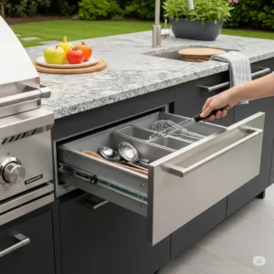 "Waterproof outdoor kitchen drawer designed to protect contents from rain and moisture, ensuring long-lasting durability."