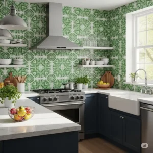 Unique kitchen featuring a decorative patterned green backsplash kitchen, adding visual interest to the space.
