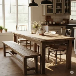 Rustic kitchen table paired with a long wooden bench and two chairs, providing versatile seating options.
