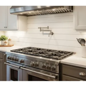 A durable shiplap backsplash kitchen installed behind the range, providing a stylish and easy-to-clean surface."