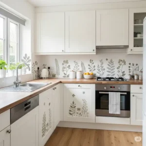 Space-saving kitchen wall decals applied in a compact kitchen, maximizing aesthetic appeal without clutter.