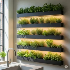 "Fresh vertical herb garden integrated into contemporary kitchen wall decor, bringing natural elements and functionality to the space."