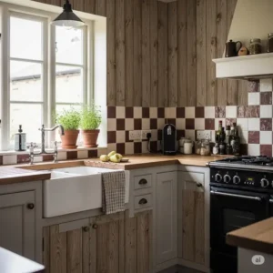 Water droplets beading on the surface of kitchen sticker wallpaper, emphasizing its waterproof and splash-resistant properties, perfect for kitchen environments.