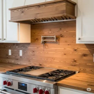 Durable wood backsplash kitchen installed behind a kitchen stove, protecting the wall while adding a natural design element to the cooking zone.