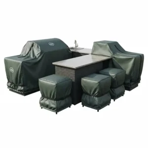 All-weather cover for outdoor kitchen covers furniture, including seating and countertops, ensuring durability.