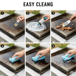 Step-by-step image demonstrating the easy cleaning process for an outdoor kitchen griddle after use.