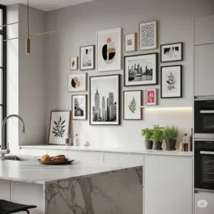 "Artfully arranged gallery wall featuring framed prints, enhancing the contemporary kitchen wall decor with personalized style."
