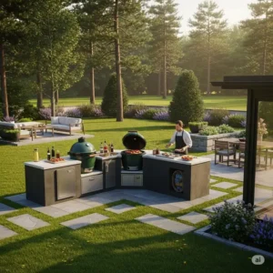 Illustration depicting effective lighting solutions, including task and ambient lighting, for a green egg outdoor kitchen.