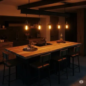 Industrial-style light fixtures illuminating a rustic kitchen island, complementing a rugged or modern-industrial design. kitchen island lighting ideas