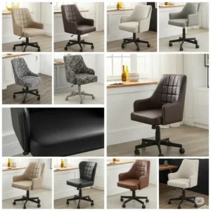 Variety of material options for a kitchen chair with rollers, including durable fabrics and easy-to-clean leatherette.