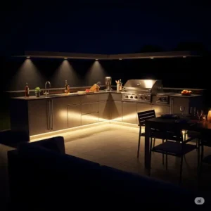 "Nighttime illustration of an L-shaped outdoor kitchen showcasing effective lighting solutions, including task lighting and ambient glow."
