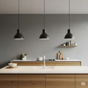 A minimalist kitchen island featuring simple, clean-lined modern pendant lighting for kitchen island that blend seamlessly with the contemporary decor.