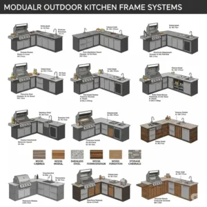 Graphic displaying various customizable layouts achievable with modular outdoor kitchen frame systems, ideal for diverse backyard designs.