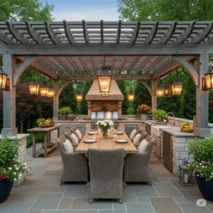 An expansive outdoor kitchen pergola encompassing both cooking and dining areas, complete with a large table and chairs, perfect for hosting family and friends.