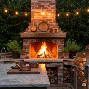"Beautiful outdoor kitchen with fireplace, illuminated by warm string lights, creating an inviting ambiance."