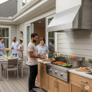 Homeowners enjoying a smoke-free outdoor cooking experience thanks to their efficient outdoor kitchen hood.